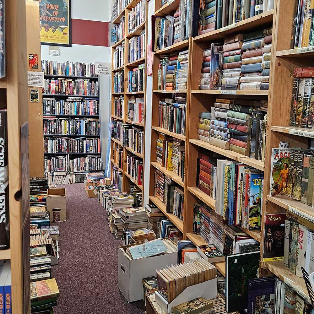 Overflowing bookshelves at DreamHaven Books & Comics in Minneapolis. Photo by Sehee Snead.